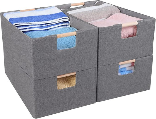 ANMINY 4PCS Storage Baskets for Organizing Collapsible Fabric Storage Bins Boxes with Wood Handles Closet Shelves Cube Organizer Bins Clothes Laundry Storage Container - Medium, Gray-NeatNest