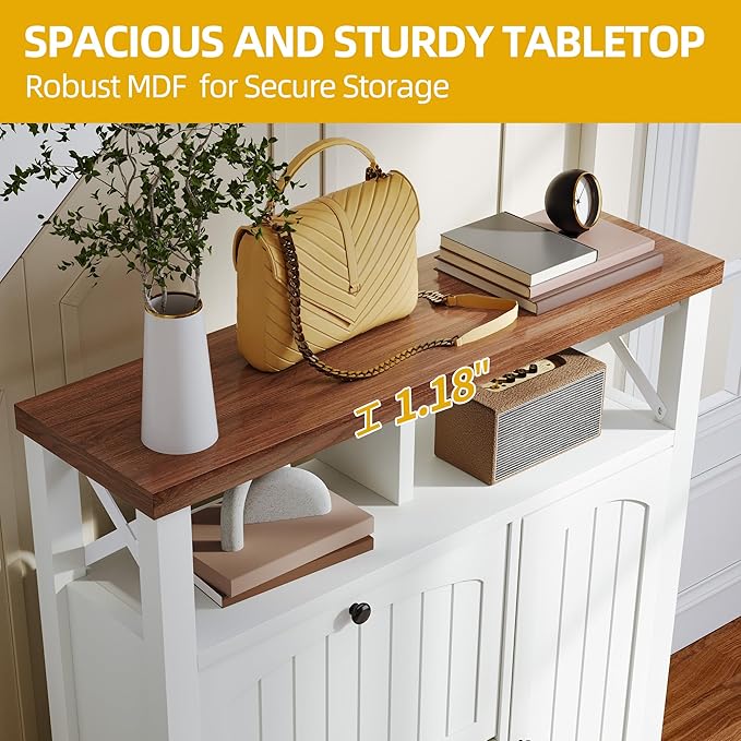 DWVO Farmhouse Shoe Cabinet with 2 Flip Drawers, Wood Shoe Rack w/Door, Entryway Shoe Organizer with Open Storage & Adjustable Shelves, Rustic Hidden Shoes Storage Cabinet for Foyer, Hallway, White-NeatNest