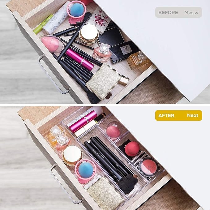 14-Piece Modular acrylic clear drawer dividers and storage bins- 4-Size Clear plastic Drawer Organizer Trays for Vanity,Dresser, Bathroom, Kitchen, Office Gadgets Utensils-NeatNest