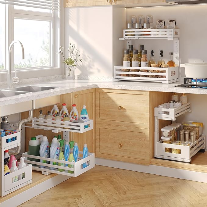 1-Pack Under Sink Organizers and Storage,2-Tier L Shape Pull Out Cabinet Organizer With Round Tube Slide Rails,Hight Adjustable Slide Out Drawers for Kitchen&Bathroom,Multi-Purpose Storage Shelf-White-NeatNest