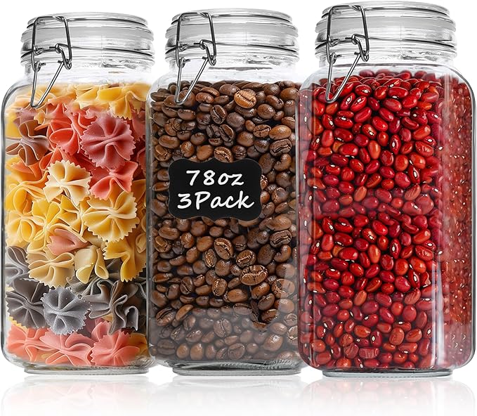 ComSaf Airtight Glass Canister Set of 3 with Lids 78oz Food Storage Jar Square - Storage Container with Clear Preserving Seal Wire Clip Fastening for Kitchen Canning Flour, Cereal, Pasta, Sugar, Beans-NeatNest