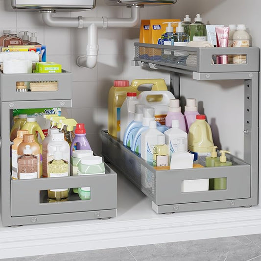 2 Pack 19IN Depth Under Sink Storage Organizer, Large 2-Tier Elegant Mesh Pull Out Shelf for Kitchen and Bathroom Cabinet Organization, L-Shaped and Adjustable Height Design-Gun Gray-NeatNest