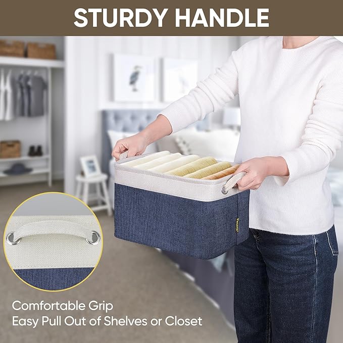 BALEINE 2 Pack Fabric Storage Bins for Shelves, Linen Storage Baskets for Organizing, Decorative Closet Bins for Clothes, Home (Navy Blue, 12"x8"x8")-NeatNest