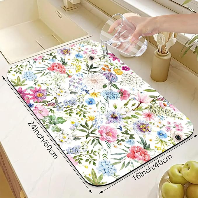 Colorful Flower Dish Drying Mats for Kitchen Counter Absorbent Fast Dry Dish Drainer Rack Mats for Dishes Utensils Pot and Pan, Kitchen Accessories 24"x16"-NeatNest