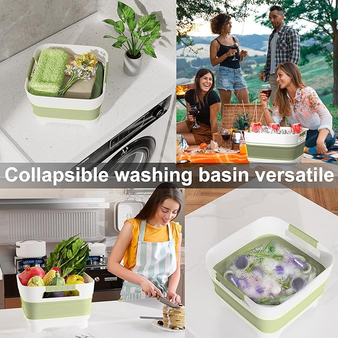 2.4 Gal Collapsbile Wash Basin with Drian Plug,9L Dish Pan for Soaking Baby Bottles,Portable Sink, Multiuse Foldable Bucket,Ice Beverage Tubs for Camping, Vegetable Washing, RV (Green)-NeatNest