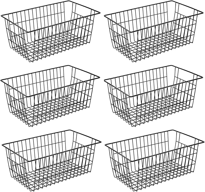 15.2" Metal Wire Baskets for Organizing 6 Pack, Household Pantry Storage Freezer Organizer Bins with Handles, Freezer Baskets for Upright Freezer, Refrigerators, Kitchen Cabinets, Black