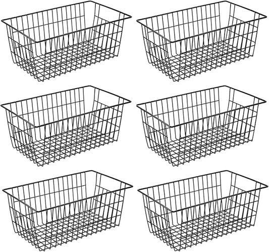15.2" Metal Wire Baskets for Organizing 6 Pack, Household Pantry Storage Freezer Organizer Bins with Handles, Freezer Baskets for Upright Freezer, Refrigerators, Kitchen Cabinets, Black