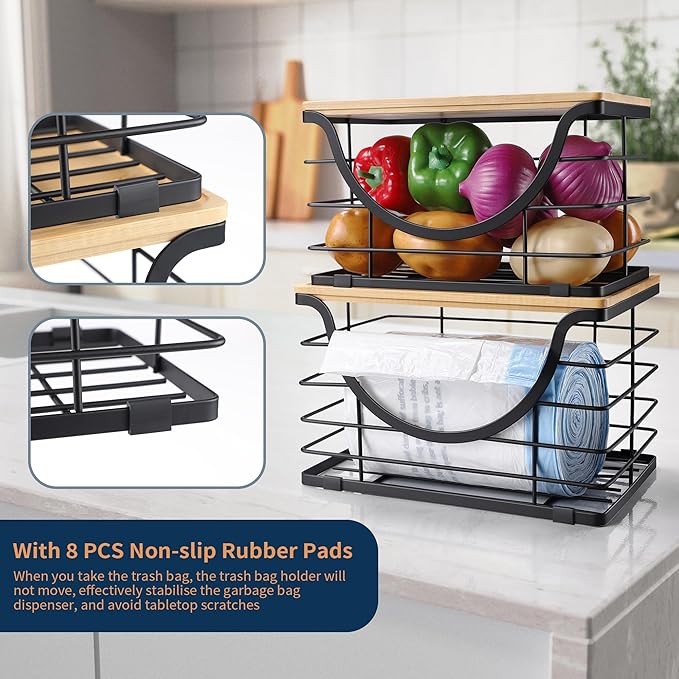 Extra Large Trash Bag Holder Under Sink 2 Pack Stackable Kitchen Storage with Bamboo Lid, Garbage Bag Dispenser Roll Holder, Pantry Organizers Wall Mounted Laundry Room Organization Storage-NeatNest