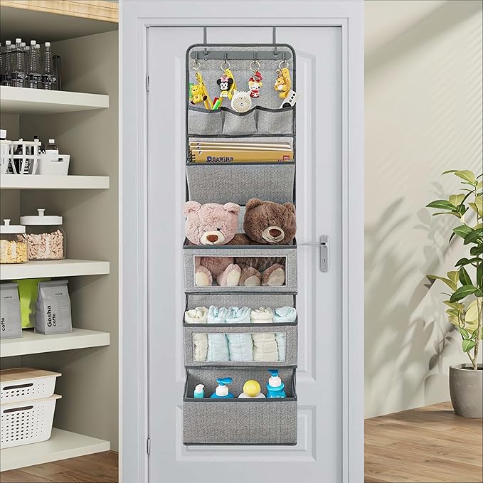VICTORICH All-IN-ONE Over the Door Organizer, Super Behind the Door Storage Organizer with Door Rack and Large Clear Windows, Wall File Organizer, Hanging Organizer (New Herringbone Gray)