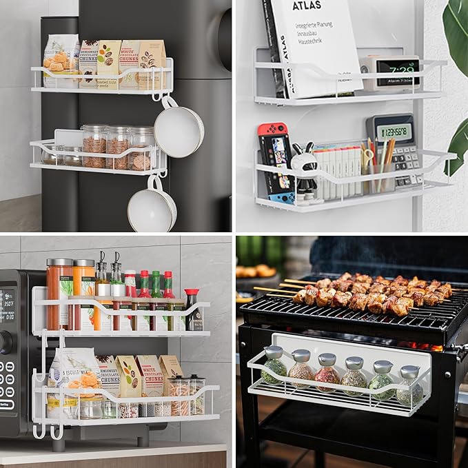 Heavy Duty Magnetic Shelves for Washer Dryer & Refrigerator - 11LB No-Slip Laundry Organizer, Rust-Proof Fridge Spice Rack with Hooks (8 Pack, White)