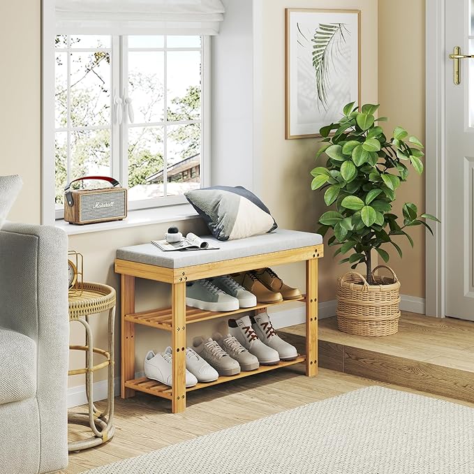 ROOMTEC Bamboo Shoe Bench, 3-Tier Shoe Rack, Entryway Bench with Cushion and Adjustable Shelves, Shoe Rack for Entryway, Hallway, Mudroom and Living Room, Bamboo