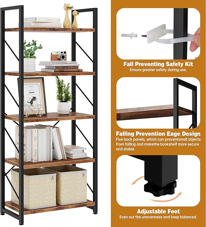 Bookshelf, 5 Tier Bookshelves, Home Office Bookcase Shelf Storage Organizer, Free Standing Storage Shelving Unit for Bedroom, Living Room and Home Office,Rustic Brown-NeatNest