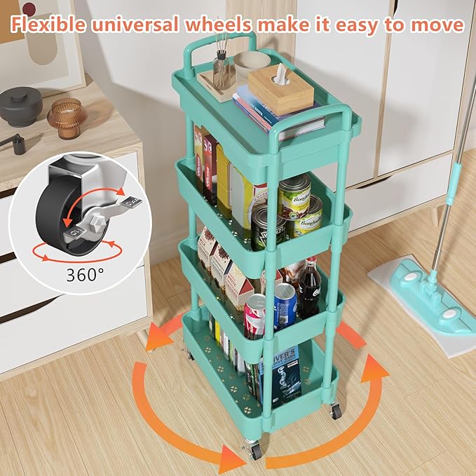 Calmootey 4-Tier Rolling Utility Cart with Drawer,Multifunctional Storage Organizer with Plastic Shelf & Metal Wheel,Storage Cart for Kitchen,Bathroom,Living Room,Office,Green-NeatNest