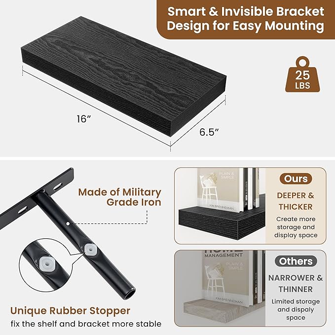 fuqing Floating Shelves for Wall, Bathroom Shelf Wall Mounted for Storage, Shelves with Invisible Bracket for Bedroom, Kitchen, Living Room, Farmhouse Small Book Shelf, 16 Inch Set of 2, Black-NeatNest