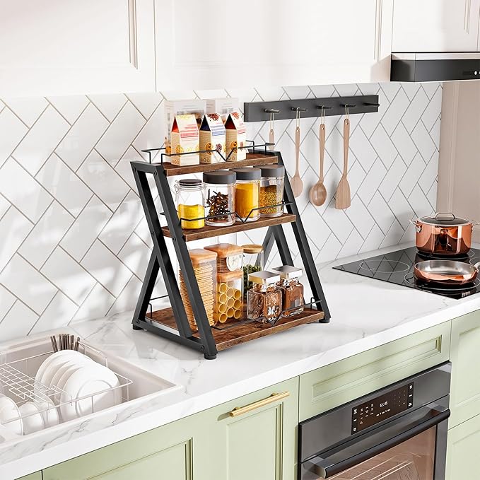 HOOBRO 3-Tier Kitchen Spice Rack, Kitchen Countertop Shelf, Desk Shelf Organizer, Dresser Top Storage Rack, for Office, Living Room, Bathroom, Rustic Brown and Black BF10TL01