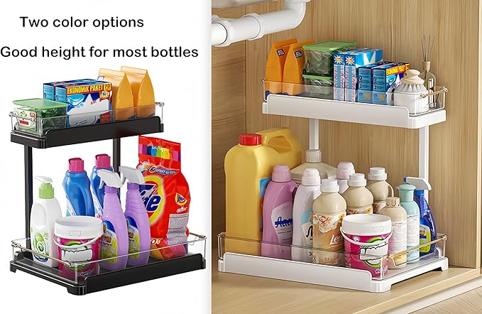 heart & home 2-Pack Under Sink Storage Organizer for Kitchen & Bathroom Cabinets with Removable Washable Tray, Tool-Free Assembly – Multi-Purpose for Vanity, Laundry & Countertop, Black-NeatNest