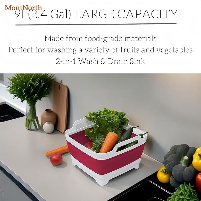 Collapsible Wash Basin 9L, Foldable Dish Tub with Drain Plug, Portable Collapsible Dish Basin, Camping Sink for Washing Dishes, Laundry & Kitchen Use (Viva Magenta)-NeatNest