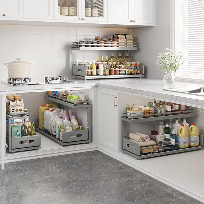 2 Pack 21 in Depth Pull Out Cabinet Storage with Smooth Rails,2-Tier Dual Pull Out Cabinet Storage for Bathroom Kitchen,Under Sink Shelf-Gun Gray-NeatNest