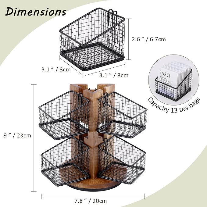 HTB Carousel Tea Bag Organizer for Counter, 2 Tier Tea Bag Holder with 6 Removable Tea Baskets and Acacia Wood Station, Tea Organizers and Storage for Cabinet, Countertop-NeatNest