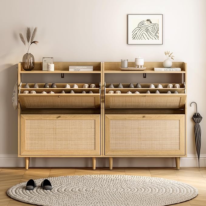 Rattan Shoe Cabinet with 2 Flip Drawers, Mid Century Modern Shoe Organizer, Boho Wooden Hidden Slim Narrow Shoe Rack Cabinet for Entryway, Hallway, Natural Oak-NeatNest