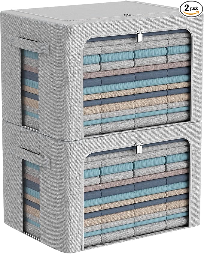 2Pack Extra Large Clothes Storage Bins Box - Linen Fabric Foldable Stackable Container Organizer Set with Clear Window & Carry Handles & Metal Frame (Light Grey, Extra Large-100L)-NeatNest