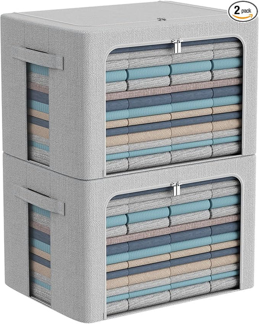 2Pack Extra Large Clothes Storage Bins Box - Linen Fabric Foldable Stackable Container Organizer Set with Clear Window & Carry Handles & Metal Frame (Light Grey, Extra Large-100L)-NeatNest