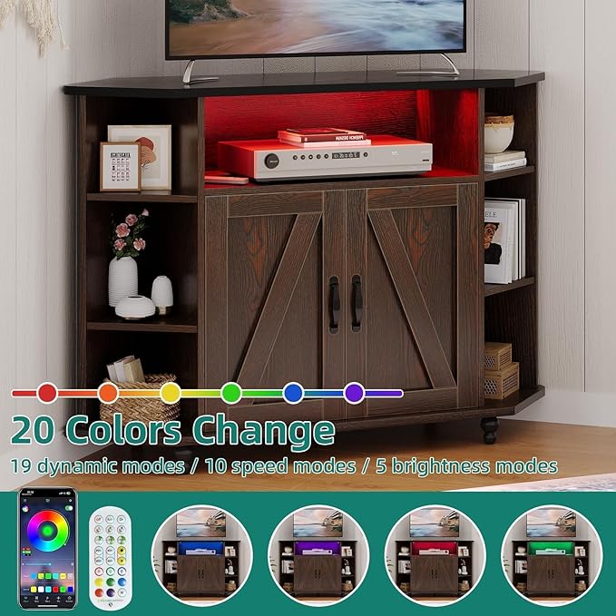 4 EVER WINNER Corner TV Stand, Farmhouse Corner TV Cabinet with LED Lights for 50 Inch, Adjustable Shelves, Corner TV Stand with Storage, Barn Doors for Living Room, Brown and Black-NeatNest