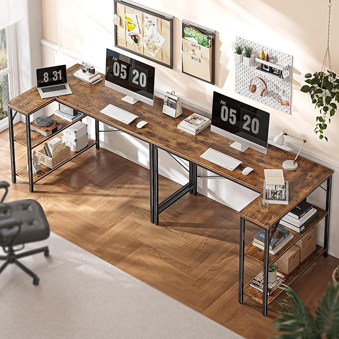 Huuger 47 Inches L Shaped Desk, Computer Desk with Reversible Storage Shelves, for Gaming Corner Home Office Writing Study, Metal Frame, Rustic Brown-NeatNest