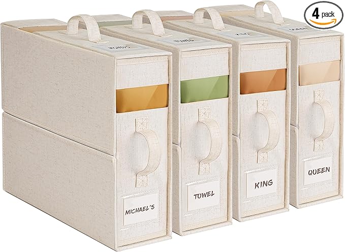 4Pack Sheet Organizers and Storage with Handles – Foldable Linen Closet Storage for King & Queen Sheet Sets – Clear Window & Removable Labels – Dustproof & Space-Saving Design, Off-white-NeatNest