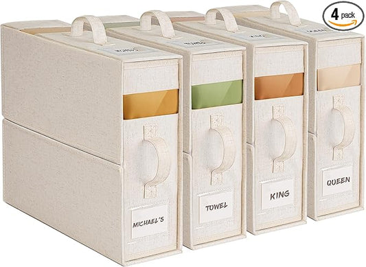 4Pack Sheet Organizers and Storage with Handles – Foldable Linen Closet Storage for King & Queen Sheet Sets – Clear Window & Removable Labels – Dustproof & Space-Saving Design, Off-white-NeatNest