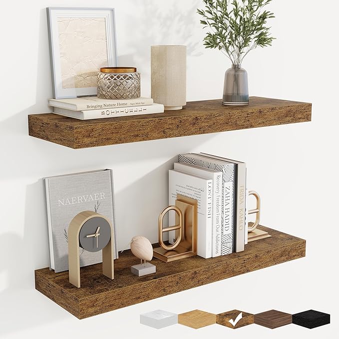 fuqing Floating Shelves for Wall, Bathroom Shelf Wall Mounted for Storage, Shelves with Invisible Bracket for Bedroom, Kitchen, Living Room, Farmhouse Small Book Shelf, 24 Inch Set of 2, Rustic Brown-NeatNest