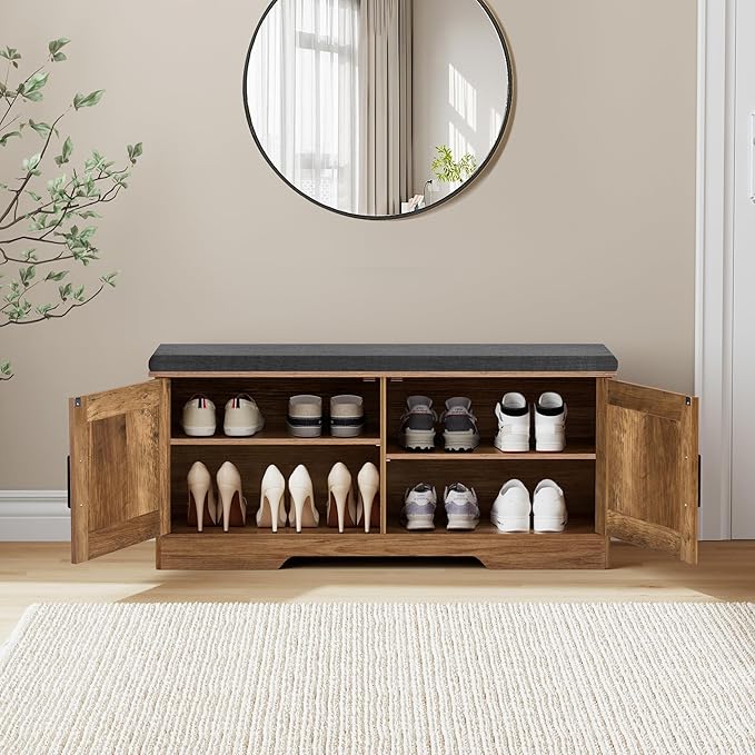 2-Tier Storage Bench, Shoe Bench with Padded Seat Cushion, Entryway Bench with 2 Barn Doors, Adjustable Shelf, 13.8" D x 39.4" W x 17.7" H, for Entryway, Living Room, Bedroom, Rustic Walnut-NeatNest