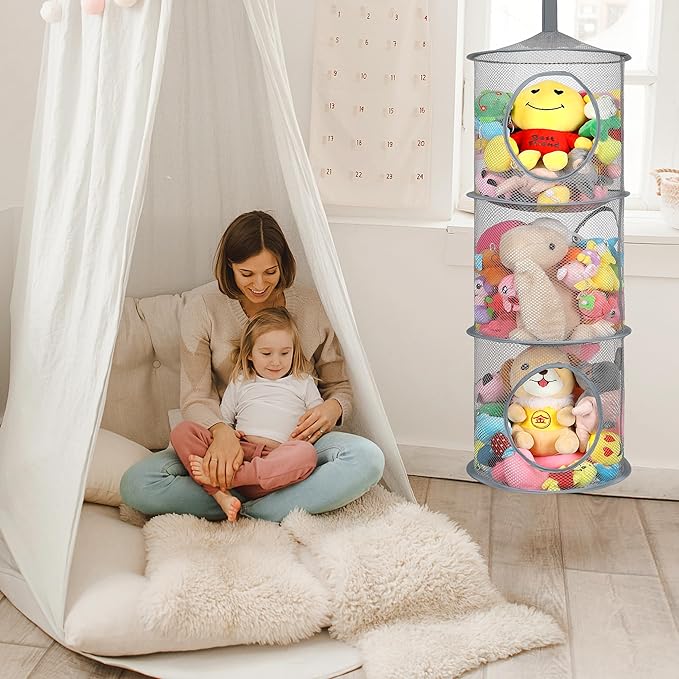 2Pcs Stuffed Animal Storage Foldable Stuffed Animal Net or Hammock Organizer, 3 Compartments Hanging Mesh Toy Storage Hammock for Kid Room Toys, Gloves, Hats, Socks（Grey）-NeatNest