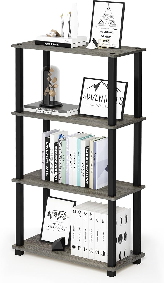 Furinno Turn-N-Tube 4-Tier Multipurpose Shelf Display Rack, Square Tube, French Oak Grey/Black-NeatNest