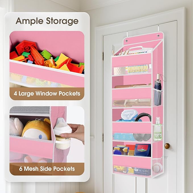 1 Pack Over The Door Organizer Hanging Storage Organizers with Clear Window 40lb Large Capacity Room Organizer for Pantry Laundry Bathroom Nursery Closet(Pink)-NeatNest