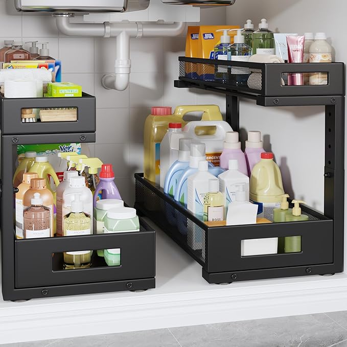 2 Pack 19IN Depth Under Sink Storage Organizer, Large 2-Tier Elegant Mesh Pull Out Shelf for Kitchen and Bathroom Cabinet Organization, L-Shaped and Adjustable Height Design-Black-NeatNest