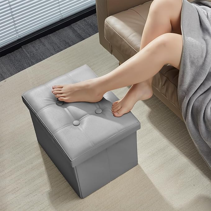 AmasSmile Storage Ottoman Folding Foot Rest Stool, Leather Footstool Bench, Short Ottoman Stool, Storage Foot Rest Store, Books (Grey, 17" D x 13" W x 13" H)-NeatNest