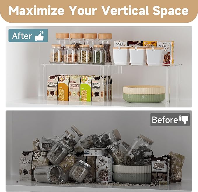2 Pack Acrylic Cabinet Organizer, Clear Cabinet Organizer Shelf, Stackable, Expandable, Spice Rack, Adjustable Counter Shelf for Makeup, Bathroom, Cupboard, Desk, Kitchen Pantry Organization-NeatNest