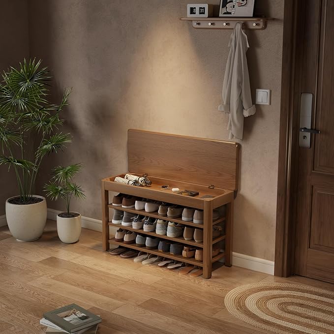 3 Tier Shoe Bench with Storage, Wood Shoe Rack for Front Door Entrance, Entryway Shoe Storage Bench.