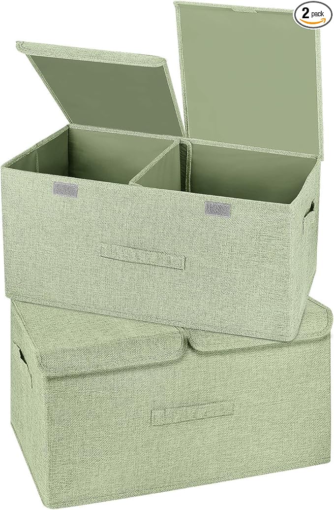 2 Pack Large Storage Boxes with Lids and Handles, Collapsible Linen Storage Bins Organizer Containers Baskets Cube with Removable Divider for Home Bedroom Closet Office (Green, Large)-NeatNest