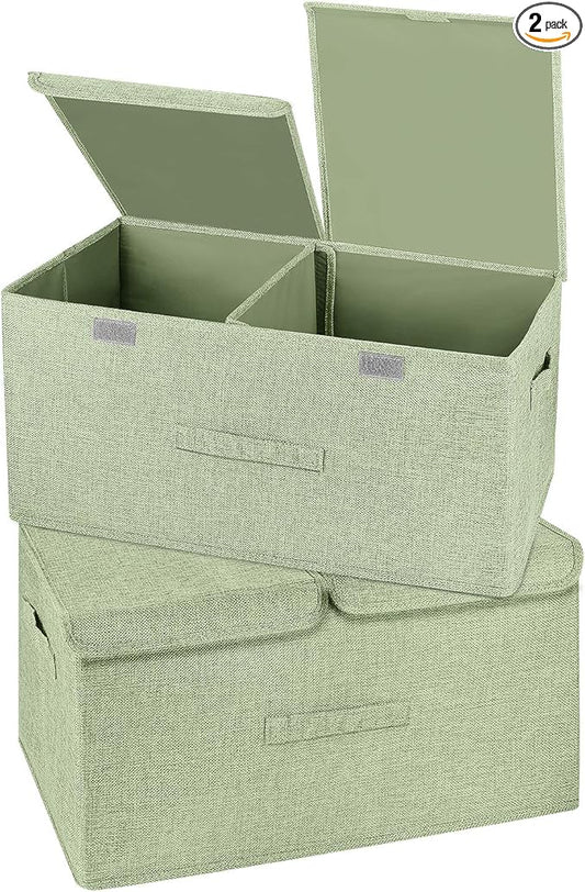 2 Pack Large Storage Boxes with Lids and Handles, Collapsible Linen Storage Bins Organizer Containers Baskets Cube with Removable Divider for Home Bedroom Closet Office (Green, Large)-NeatNest