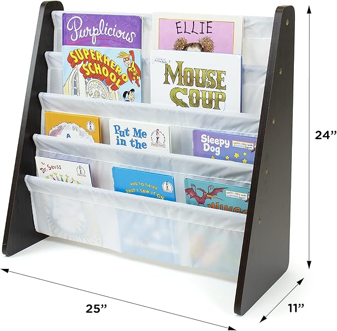 Humble Crew 4-Tier Kids Bookshelf, Espresso Wood/White - Premium Book Shelf for Kids Rooms with Four Deep Pockets - Toddler Sling Book Rack with Deep Sleeves, Nursery Bookcase Organizer