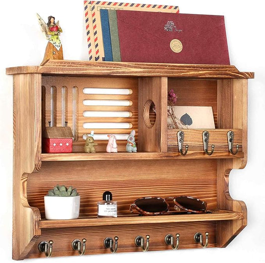 Key Holder for Wall, Mail and Key Holder for Home Decor, Key and Mail Holder for Wall with Key Hooks, Brown