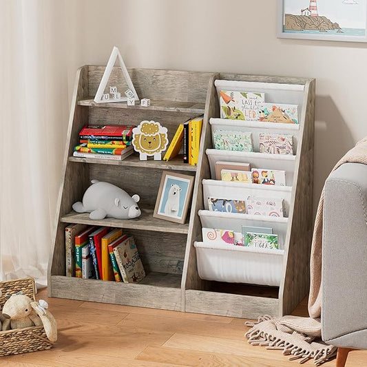 4 Tier Kid Bookshelf Wooden 5 Sling Children Bookcase Toddler Montessori Bookcase Book Rack Display Toy Storage Organizer Book Display Shelf Stand Classroom Bedroom Nursery Playroom (Grey Wood)