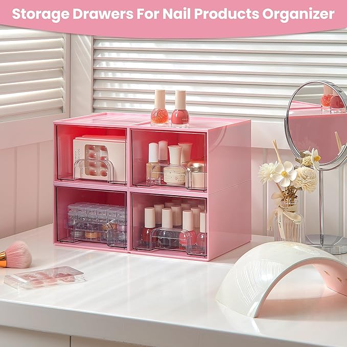 Vtopmart 4Pack Stackable Storage Drawers, 4.4'' Tall Bathroom Makeup Organizer,Plastic Storage Bins For Vanity, Undersink, Kitchen Cabinet, Pantry, Home Organization(Pink)-NeatNest