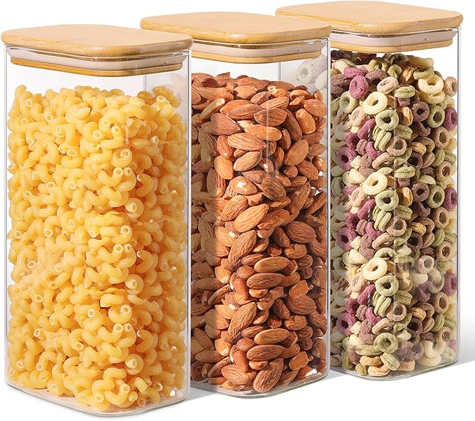 ComSaf 1.8 Qt Rectangle Glass Storage Containers with Lids, Glass Jars with Bamboo Lids, Clear Food Storage Jar, Sugar Coffee Containers, Pantry Storage Container for Pasta Rice Flour Oats Nuts Tea-NeatNest