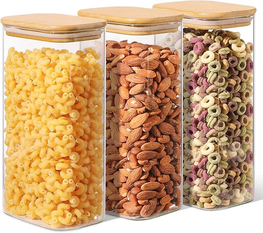 ComSaf 1.8 Qt Rectangle Glass Storage Containers with Lids, Glass Jars with Bamboo Lids, Clear Food Storage Jar, Sugar Coffee Containers, Pantry Storage Container for Pasta Rice Flour Oats Nuts Tea-NeatNest