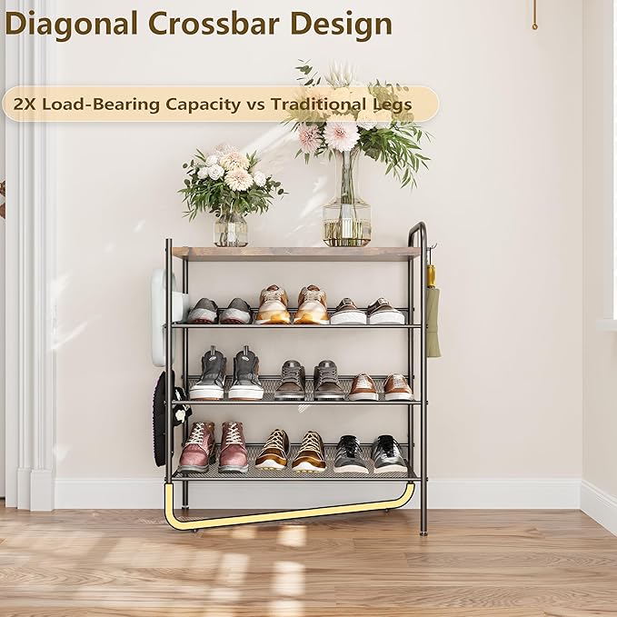 4 Tier Shoe Rack for Entryway, Metal Shoe Rack Organizer Holds 15 Pairs Shoes, Front Door Shoe Storage with Rustic Brown Wooden Top, Vertical shoe rack for Space Saving Shoe Organizer (4-Tiers)-NeatNest