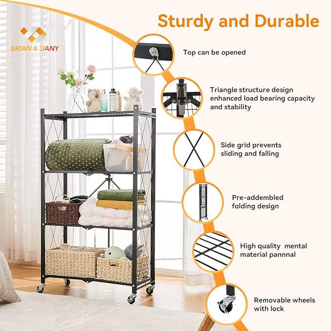 BRIAN & DANY Folding Shelf, Storage Racks and Shelving Units on Wheels, Metal Foldable Storage Shelves No Assembly for Garage, Kitchen(4 Tier)-NeatNest