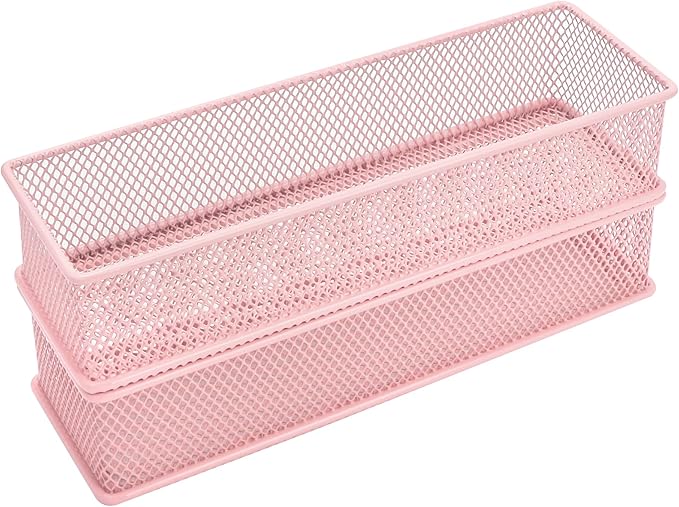 Annova Mesh Stackable Drawer Cabinet and Shelf Organizer Bins Storage Basket School Office Supply Holder Tray- Set of 2 (Light Pink, 3x9x2 Inch)-NeatNest
